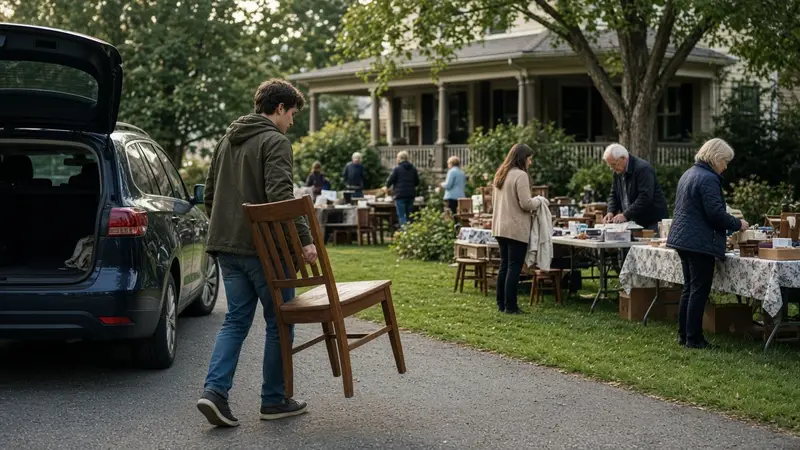 A shopper carrying a wooden chair to the car after an estate sale