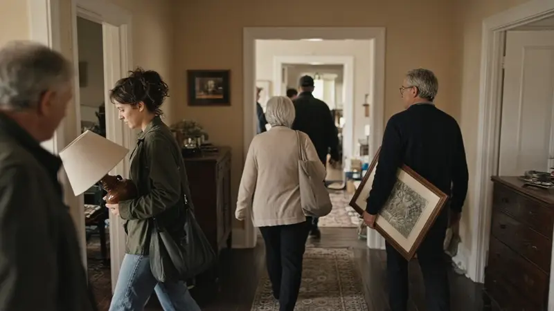 Shoppers walking through the rooms of a house during an estate sale